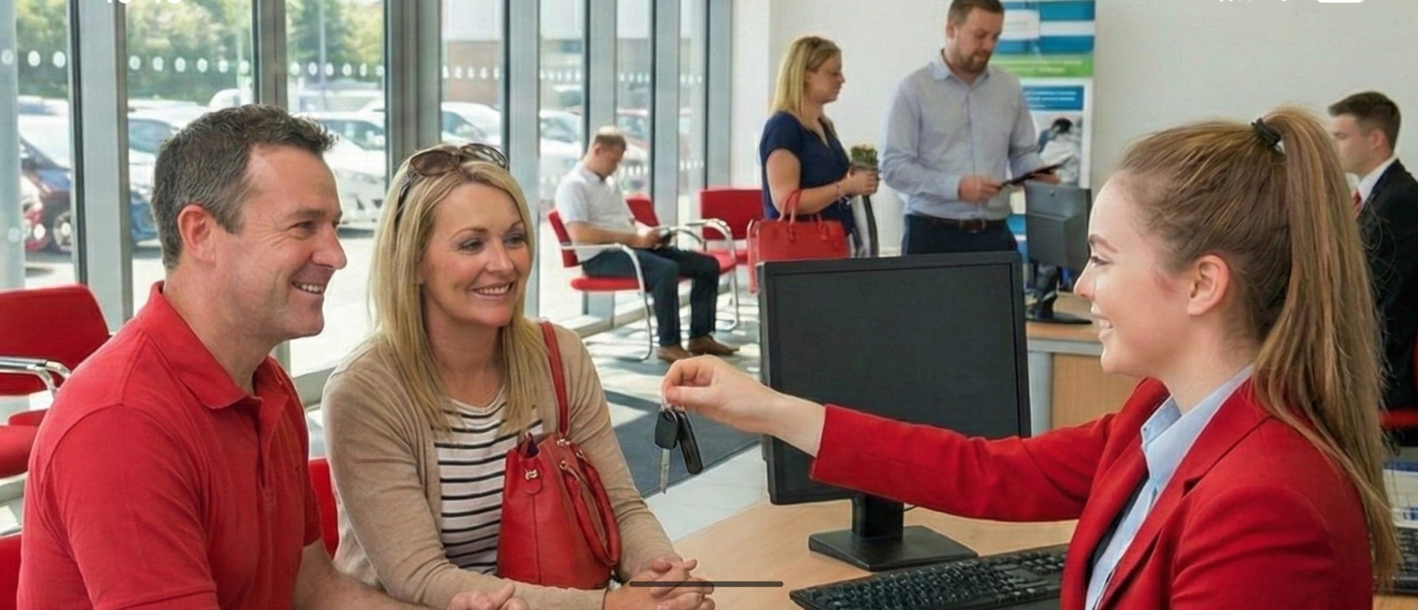 Couple renting a car from the car rental centre Heathrow Airport and being given a great deal and the keys to the hire car